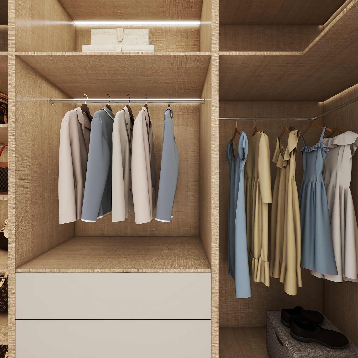 壹诺设计工作室-114㎡4室-原木风一层步入式衣柜装修效果图第3张