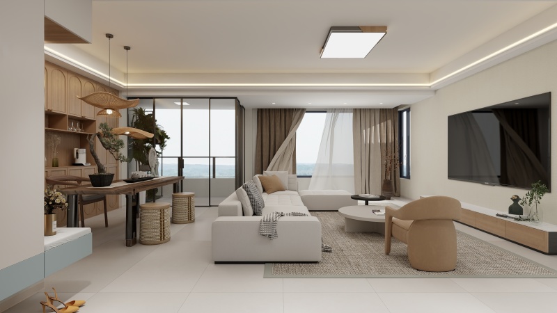 Minimalist Creamy Living Room with Wood Accents