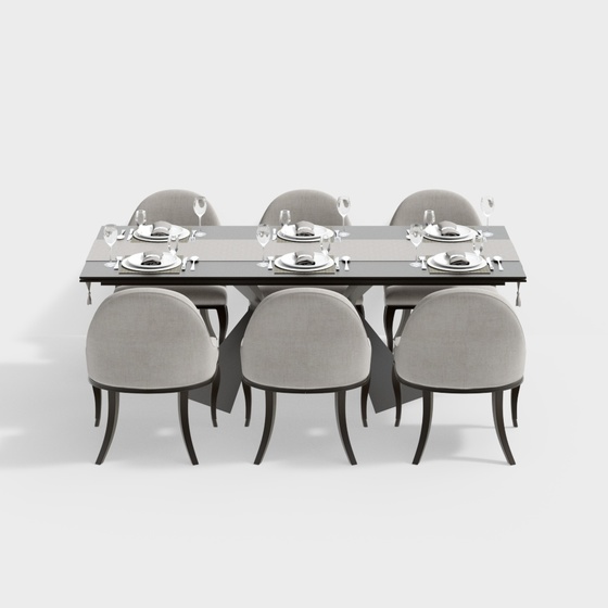 Simple European Dining Table and Chair Combination 3D Model in Gray