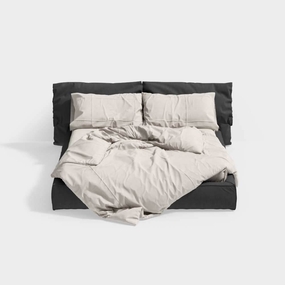 现代奶油风卧室布艺双人床3D模型