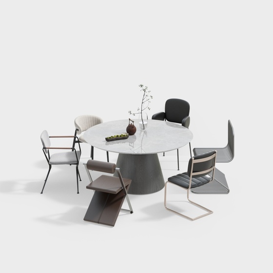Modern Gray Dining Table and Chair Combination 3D Model