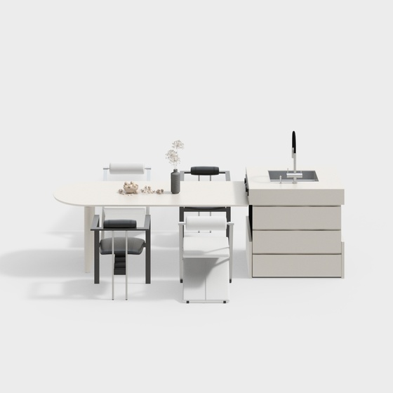 Stylish Modern Cream Style Home Restaurant Island Dining Table and Chair Combination 3D Model in Beige