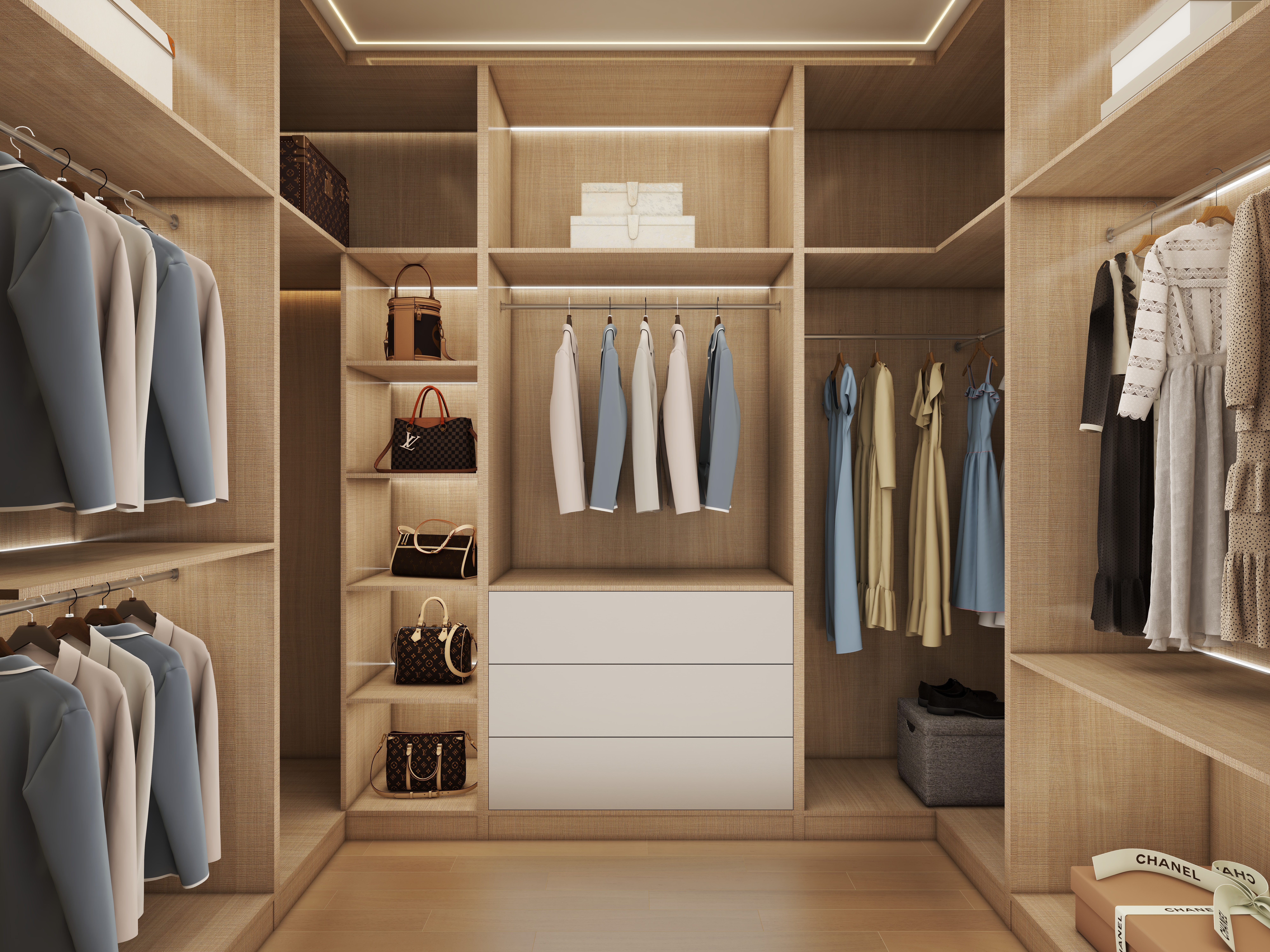 壹诺设计工作室-114㎡4室-原木风一层步入式衣柜装修效果图第2张