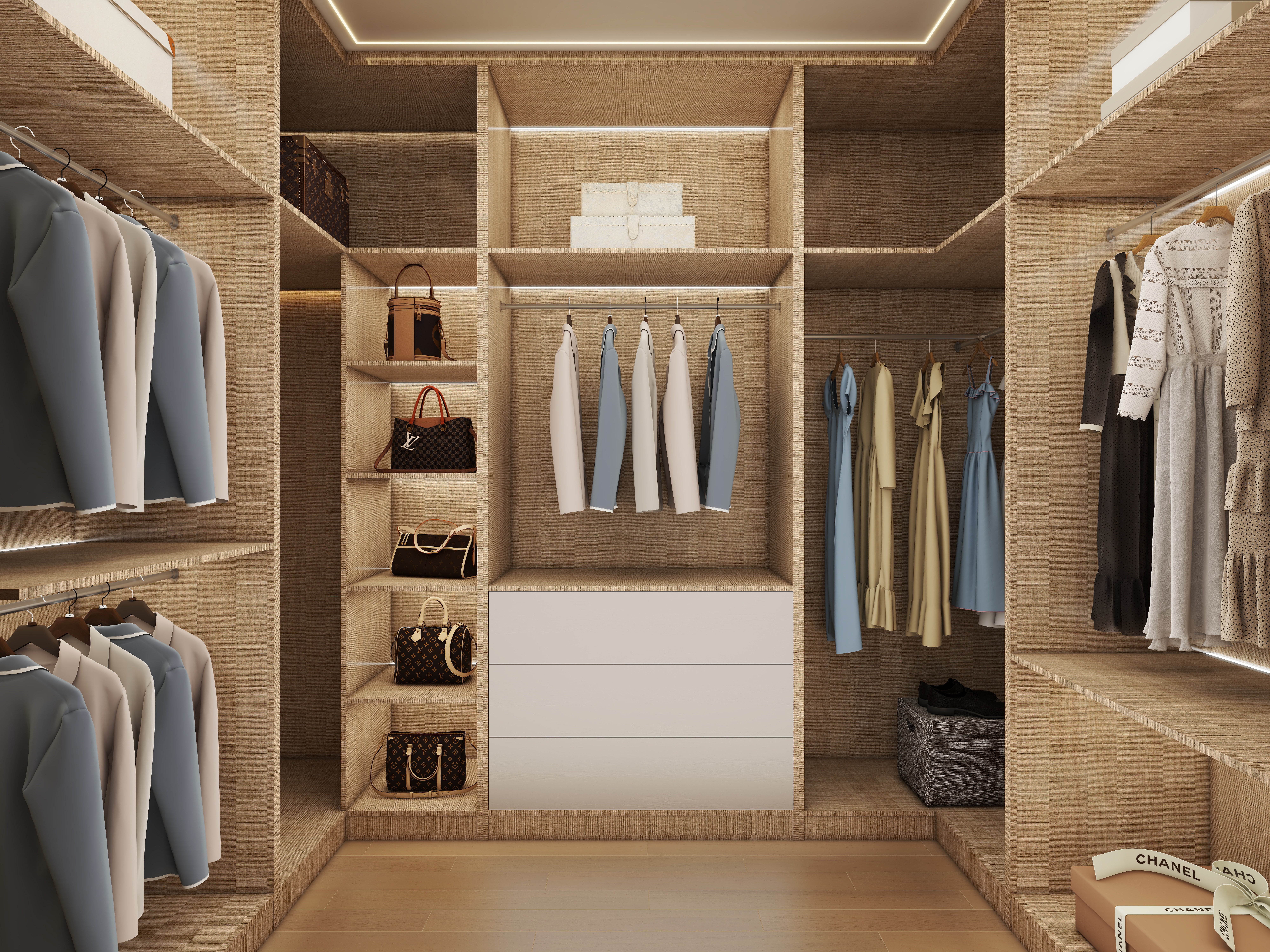 壹诺设计工作室-114㎡4室-原木风一层步入式衣柜装修效果图第1张