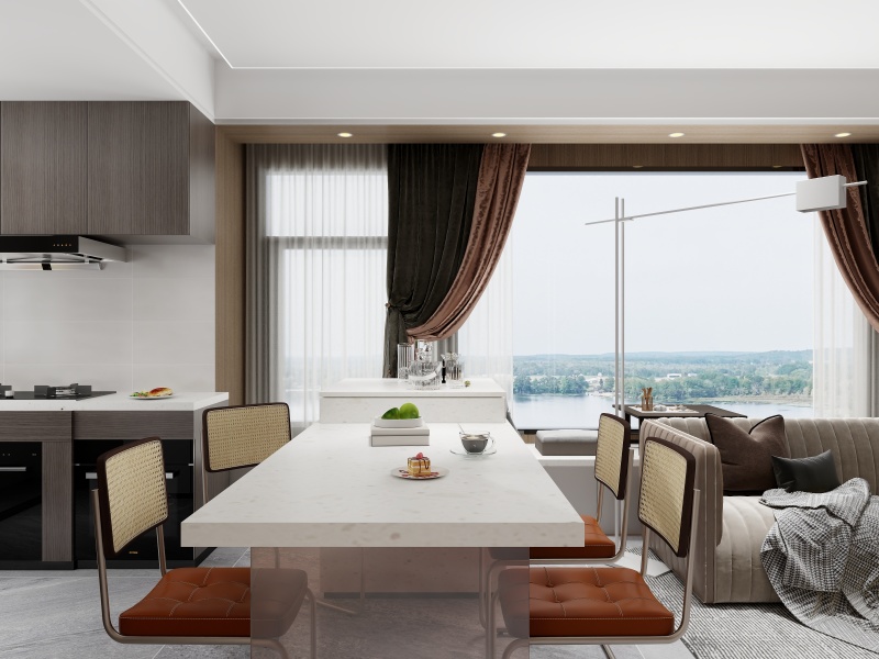 Modern Minimalist Dining Room with Yellow-Orange Hues