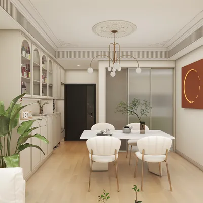Modern Minimalist Dining Room with Green Accents