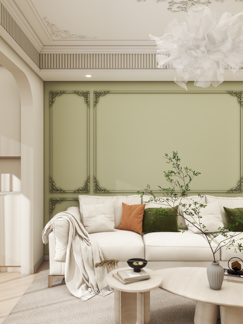 Neoclassical Living Room with Creamy Green Tones