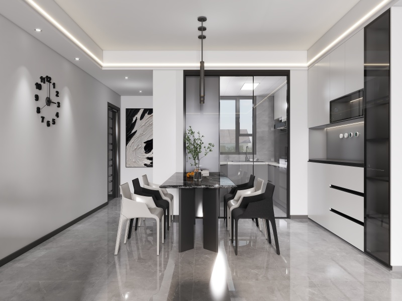 Modern Minimalist Dining & Kitchen with Black & White Contrast