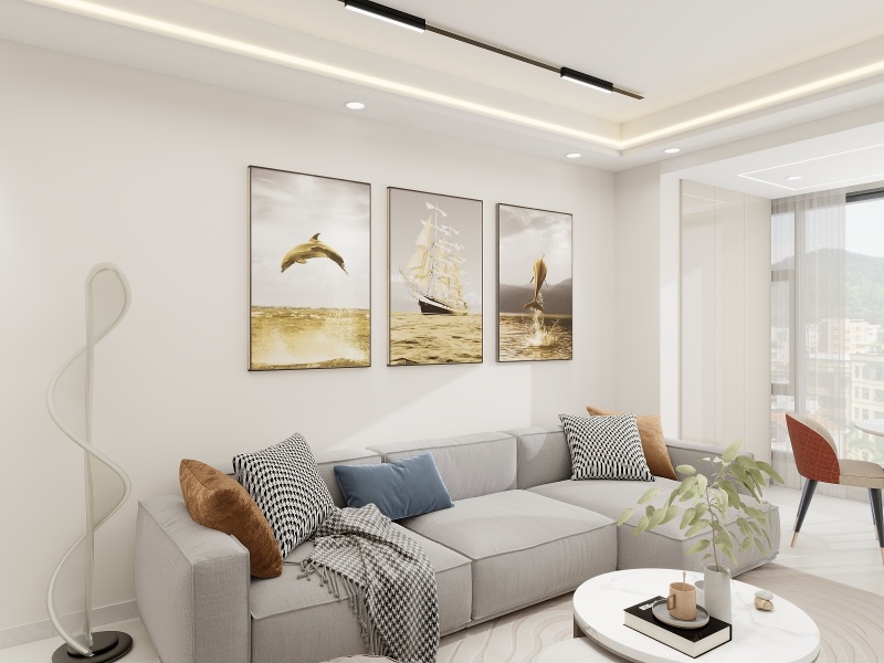 Tranquil Minimalist Living Room with Ocean Art