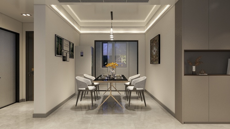 Contemporary Gray Dining Room with Yellow Accent