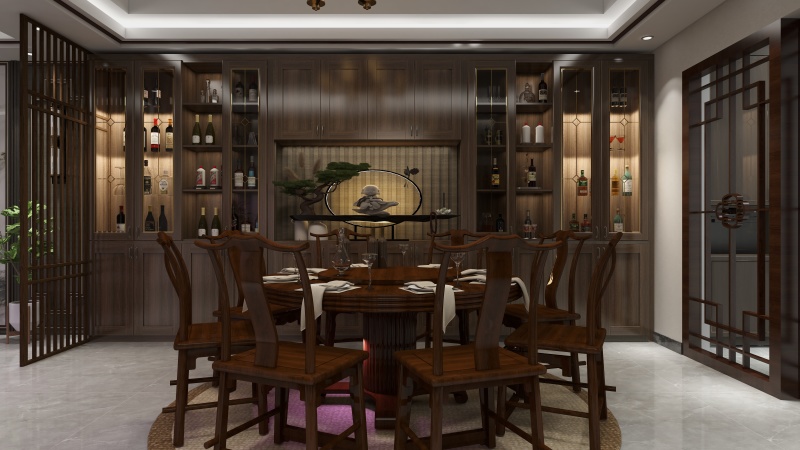 Elegant Chinese Dining Room with Wood Tones