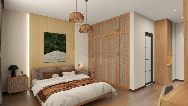 Warm Minimalist Bedroom with Wood Tones