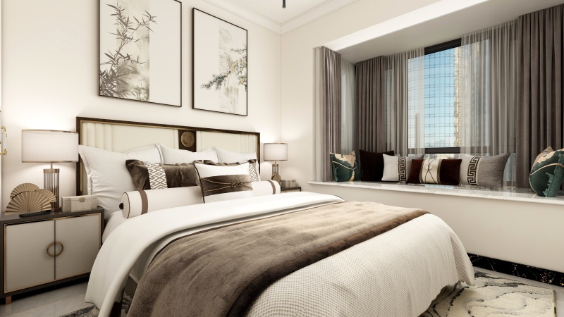 Modern Minimalist Bedroom with Chinese Art