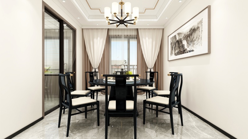 Modern Chinese Dining Room with Elegant Black & White