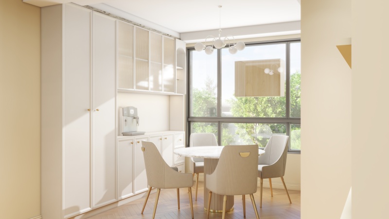 Minimalist Creamy Dining Room with Warm Tone