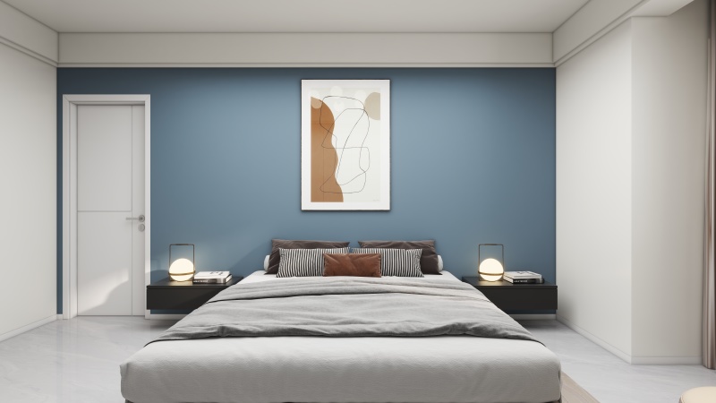 Modern Minimalist Bedroom with Gray and Blue Hues