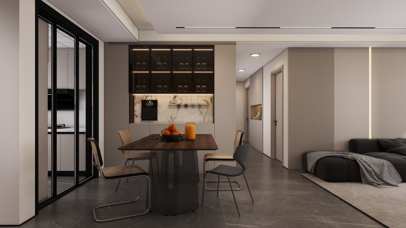Modern Minimalist Dining Room with Black Accents