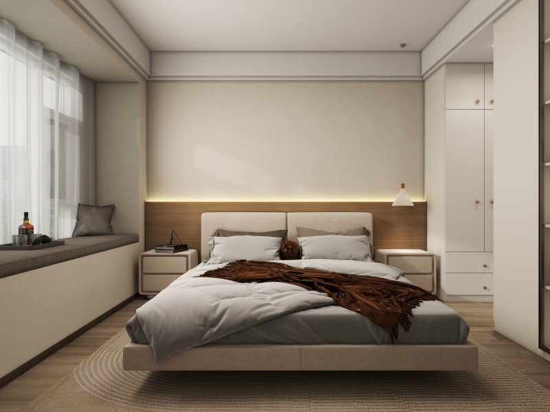Minimalist Grey Bedroom with Wood Tones