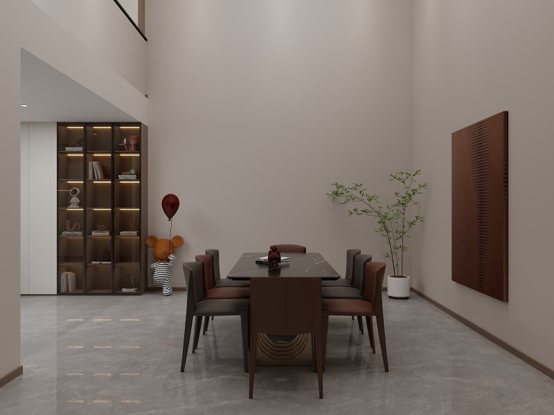 Contemporary Gray Dining Room with Brown Accents