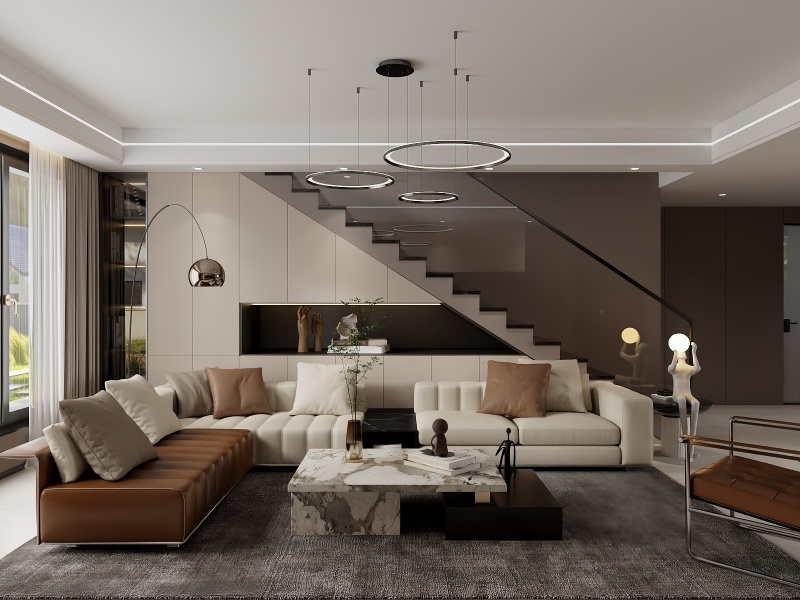 Contemporary Gray Living Room with Earth Tones