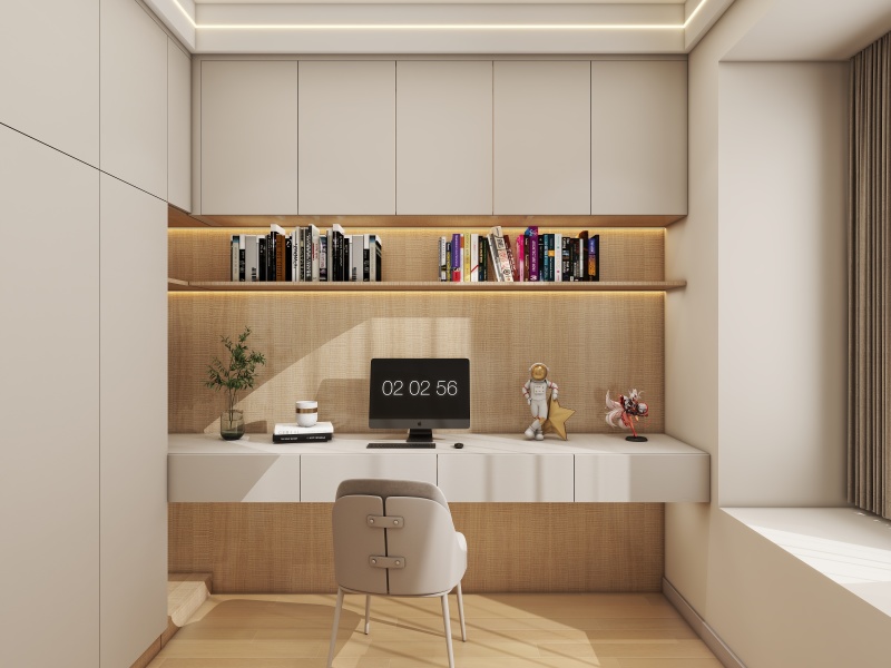Creamy Beige Home Office with Hidden Lights