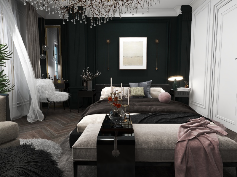 Modern Luxurious Bedroom with Deep Green Walls