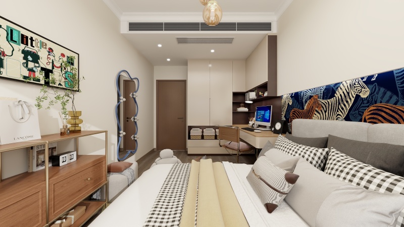 Modern Beige Bedroom with Fun Decor