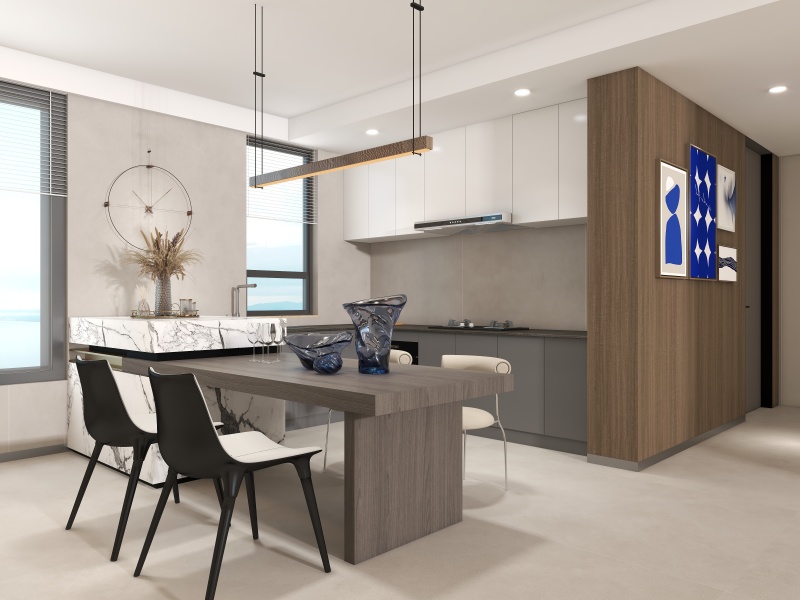 Modern Gray Dining with Open Kitchen