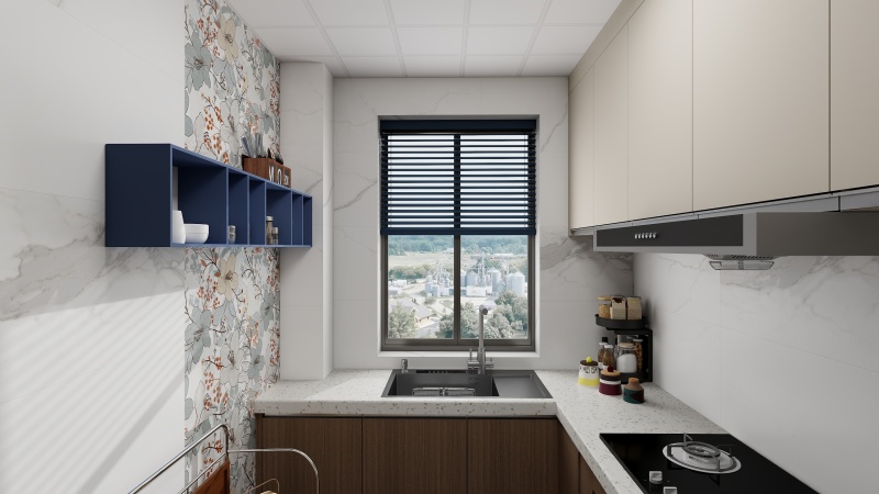 Modern White Kitchen with Flower Wallpaper