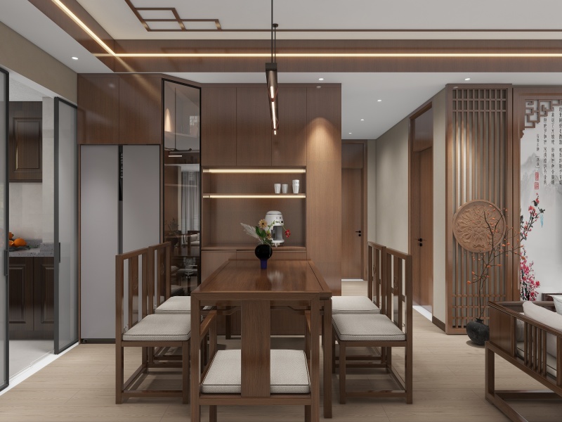 Modern Chinese Dining Room with Wood Tones