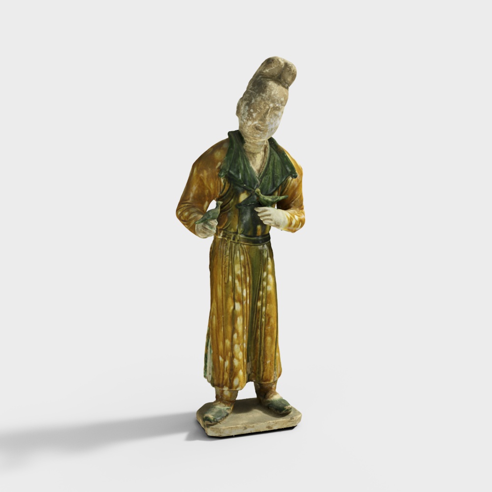 三彩调鸟男立俑