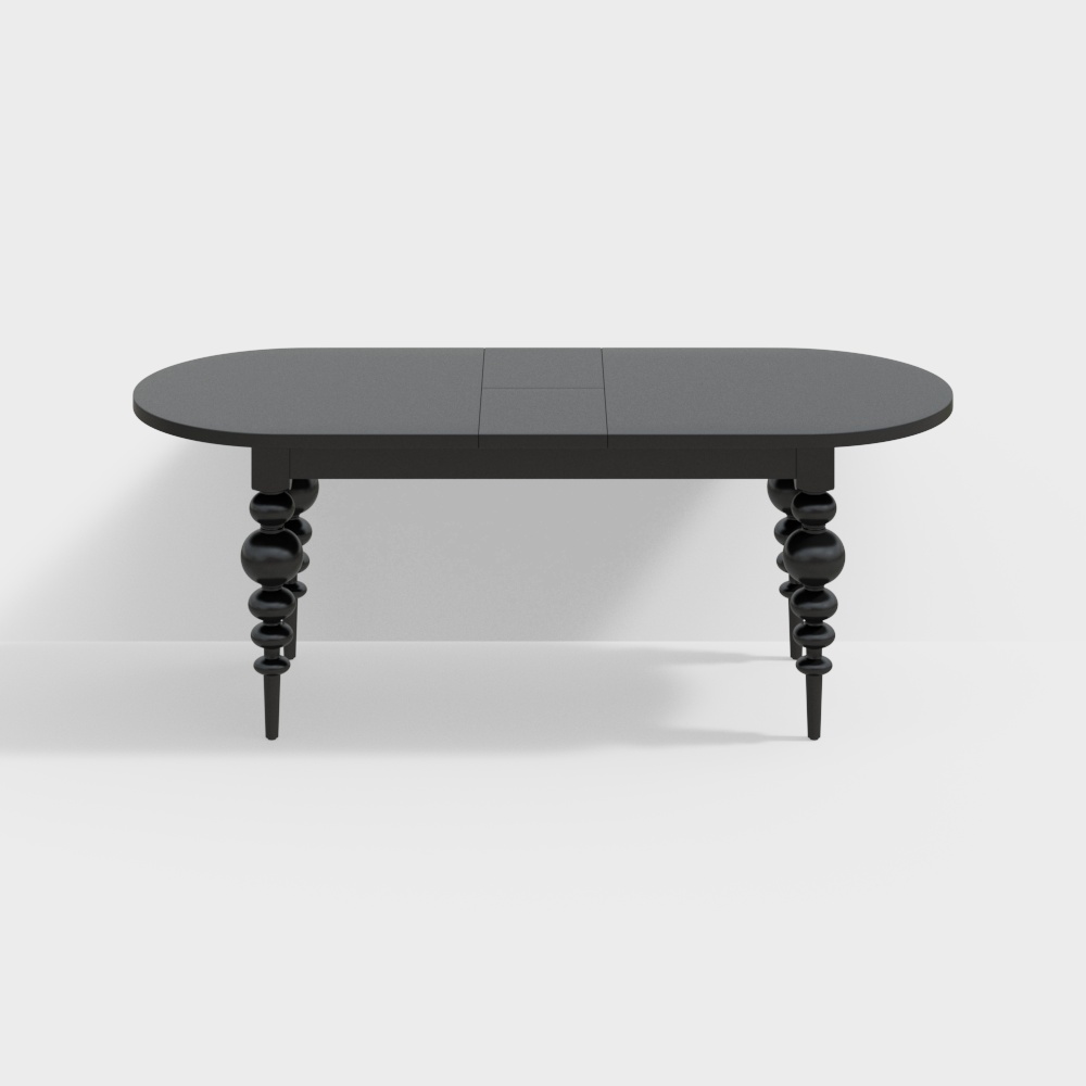 Mesa de comedor negra envejecida de 1700 mm a 2000 mm, mesa extensible ovalada para 4-8 personas con patas torneadas