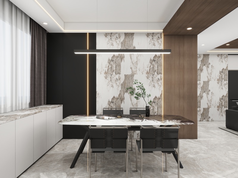 Contemporary Wood-Tone Dining Room with Black Accents