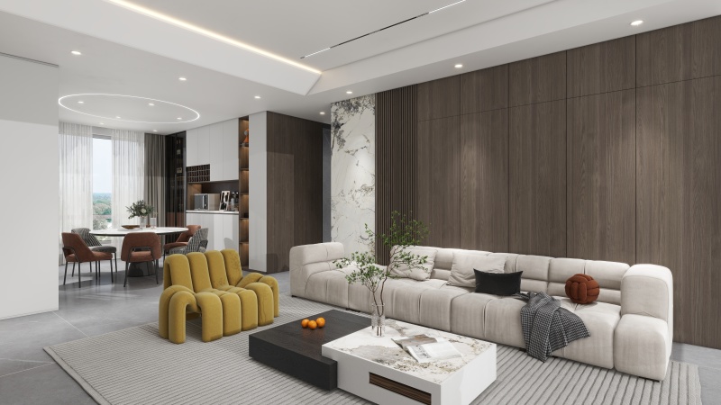 Contemporary Living Room with Warm Wood Accents