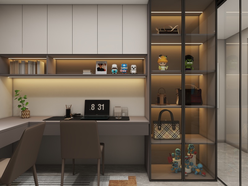 Contemporary Gray Home Office with Personal Touches