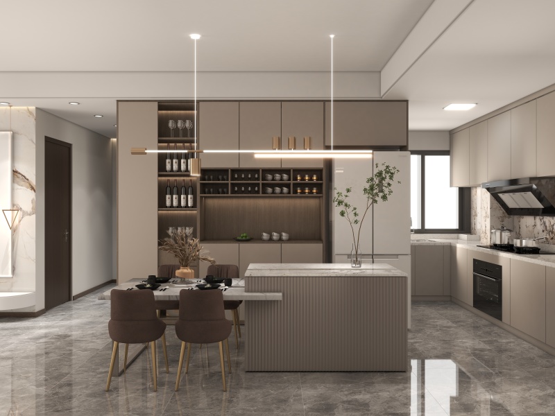 Modern Gray Dining Room with Open Kitchen