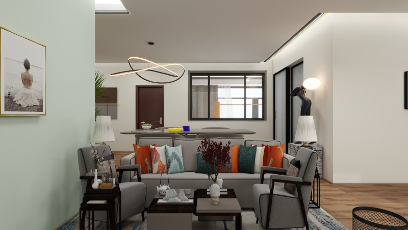 Contemporary Gray Living Room with Vibrant Accents