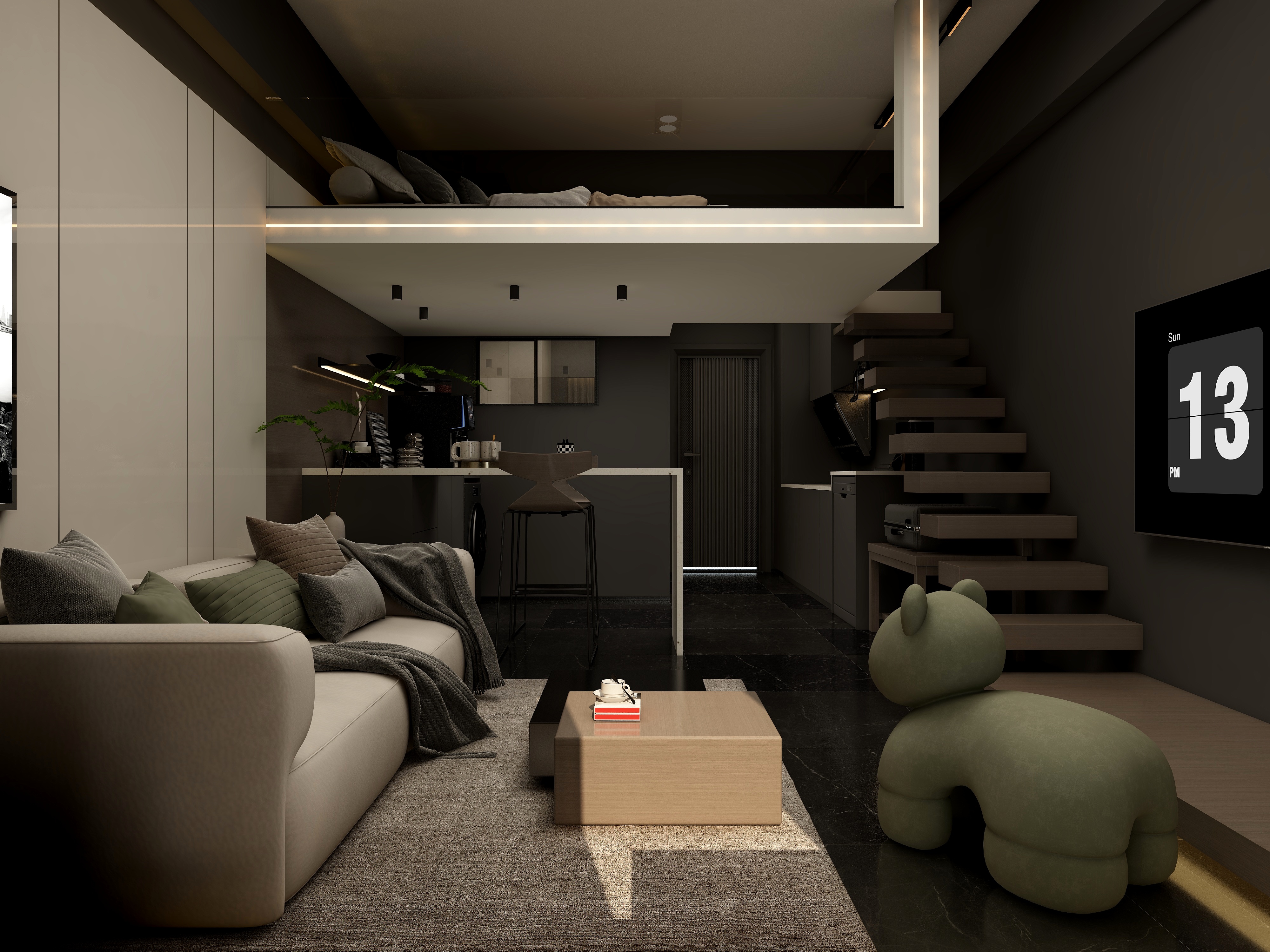 张煜强煜境设计-32平米暗黑复式公寓民宿装修效果图