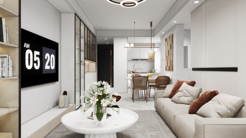 Modern Minimalist Living Room with Open Kitchen