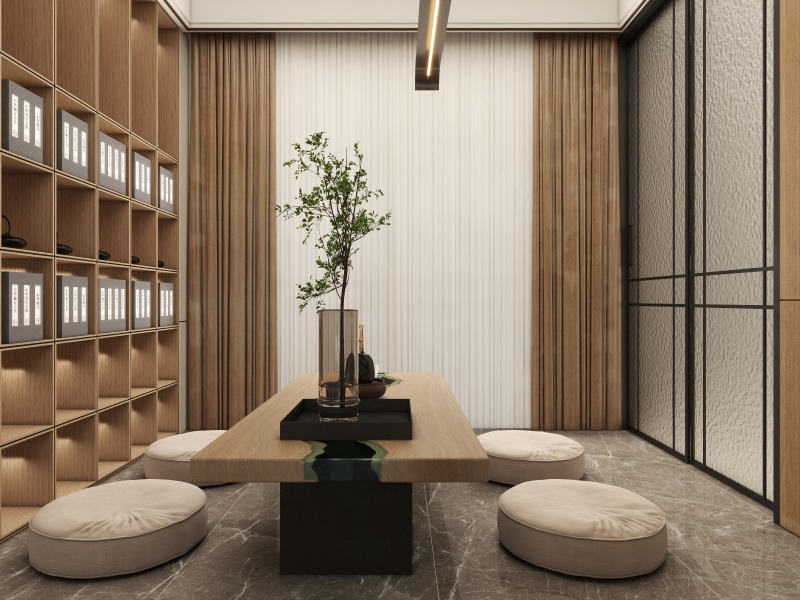 Chinese Wood Tone Dining Room with Pantry