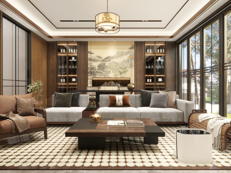 Chinese Brown Wood Tone Elegant Living Room