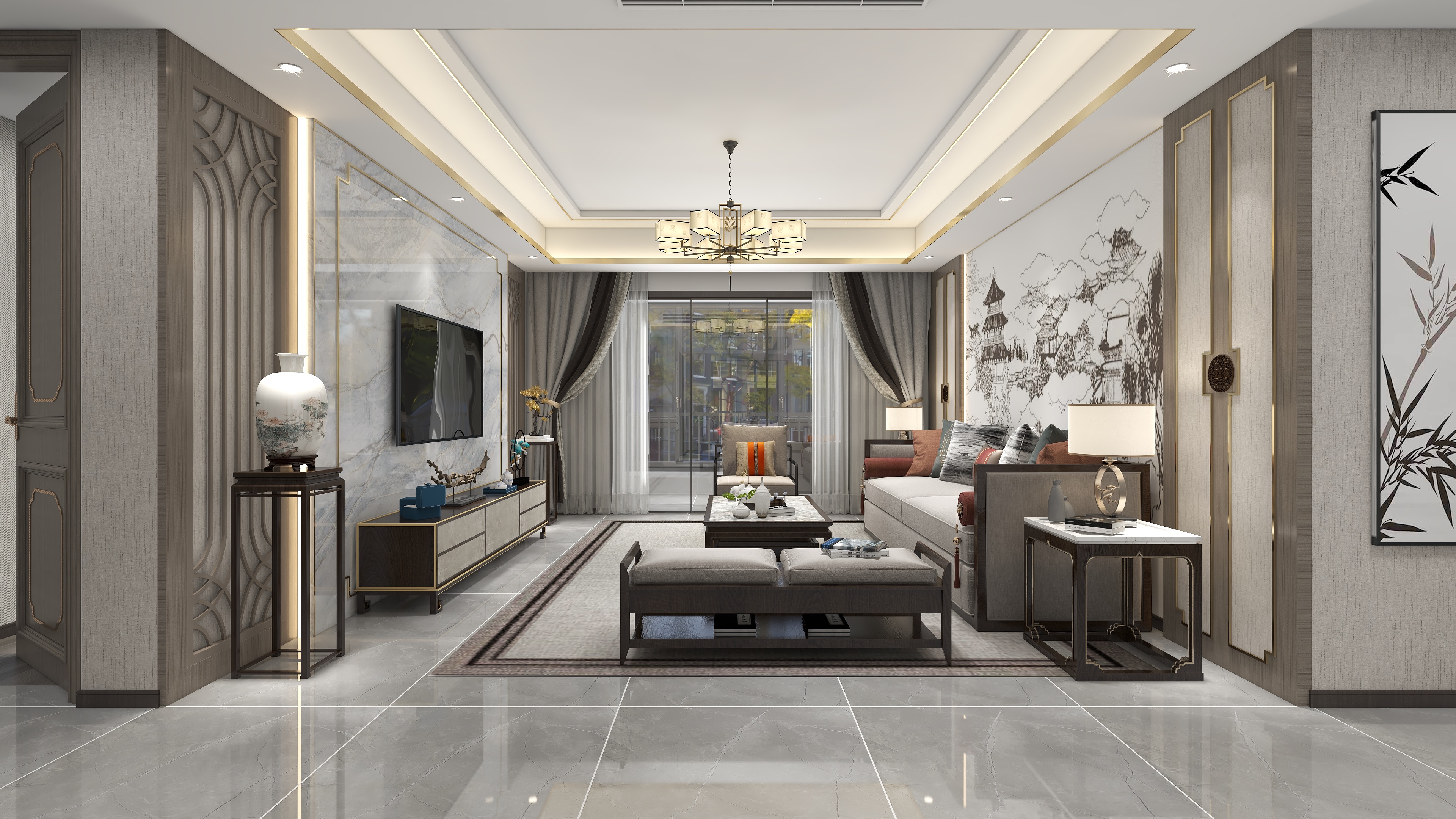 星空设计500一套-新中式126㎡3室装修效果图