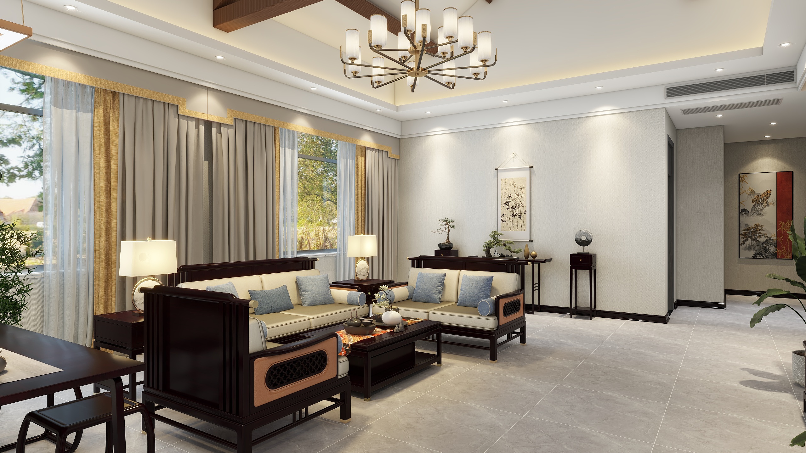 墨创设计19992489495-椿林别墅客厅新中式效果-装修设计方案