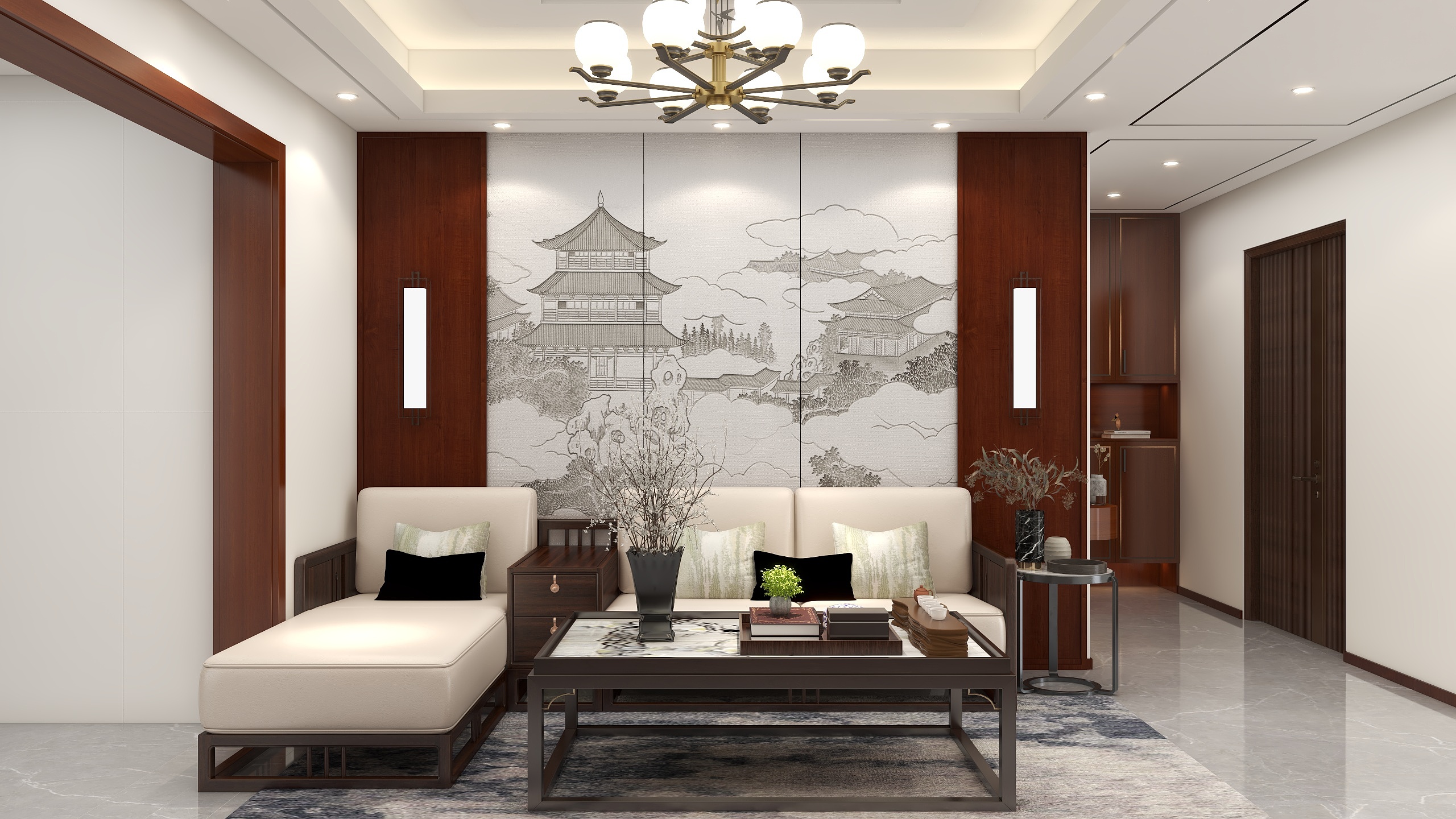 李青越-120方新中式风格三居室装修效果图