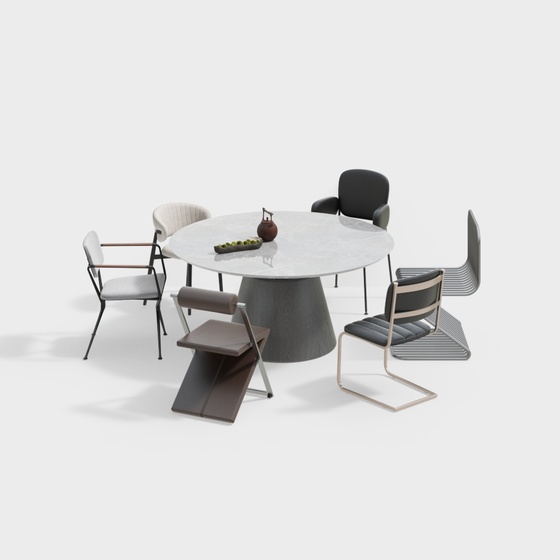 Chinese Style Restaurant Dining Table and Chair Combination 3D Model