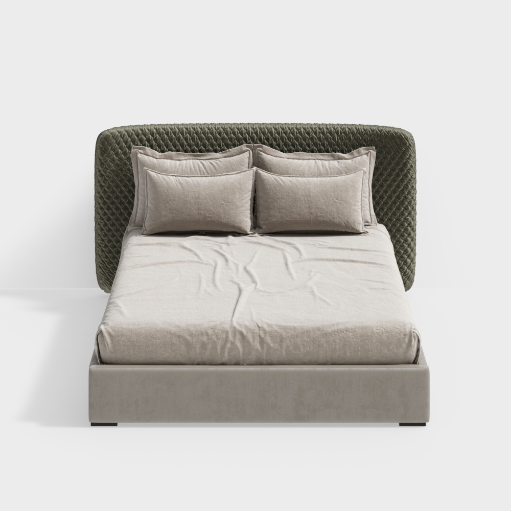法式卧室绿色床头布艺双人床3D模型