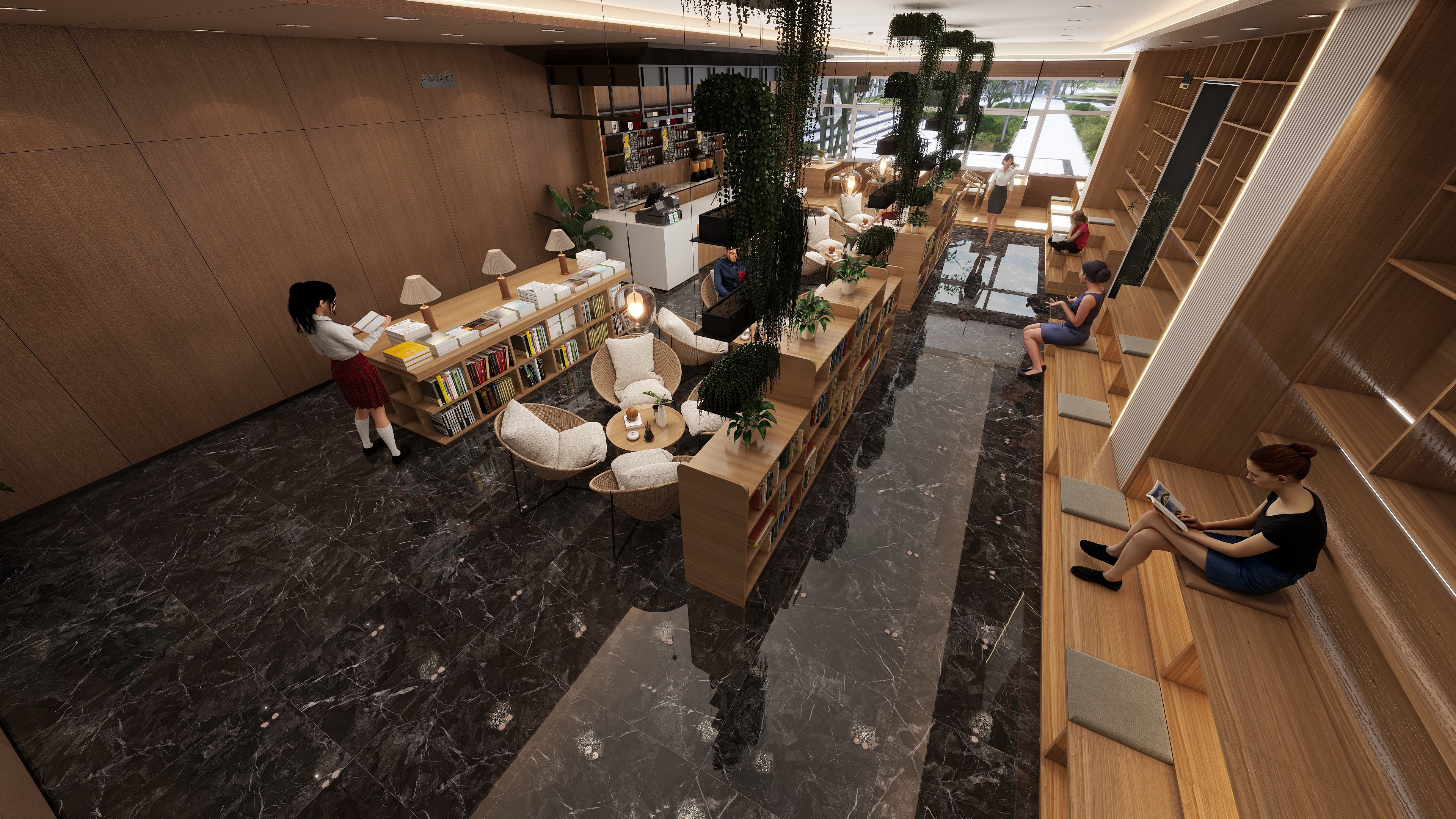 WANGJC一-现代原木风书店设计-装修设计方案