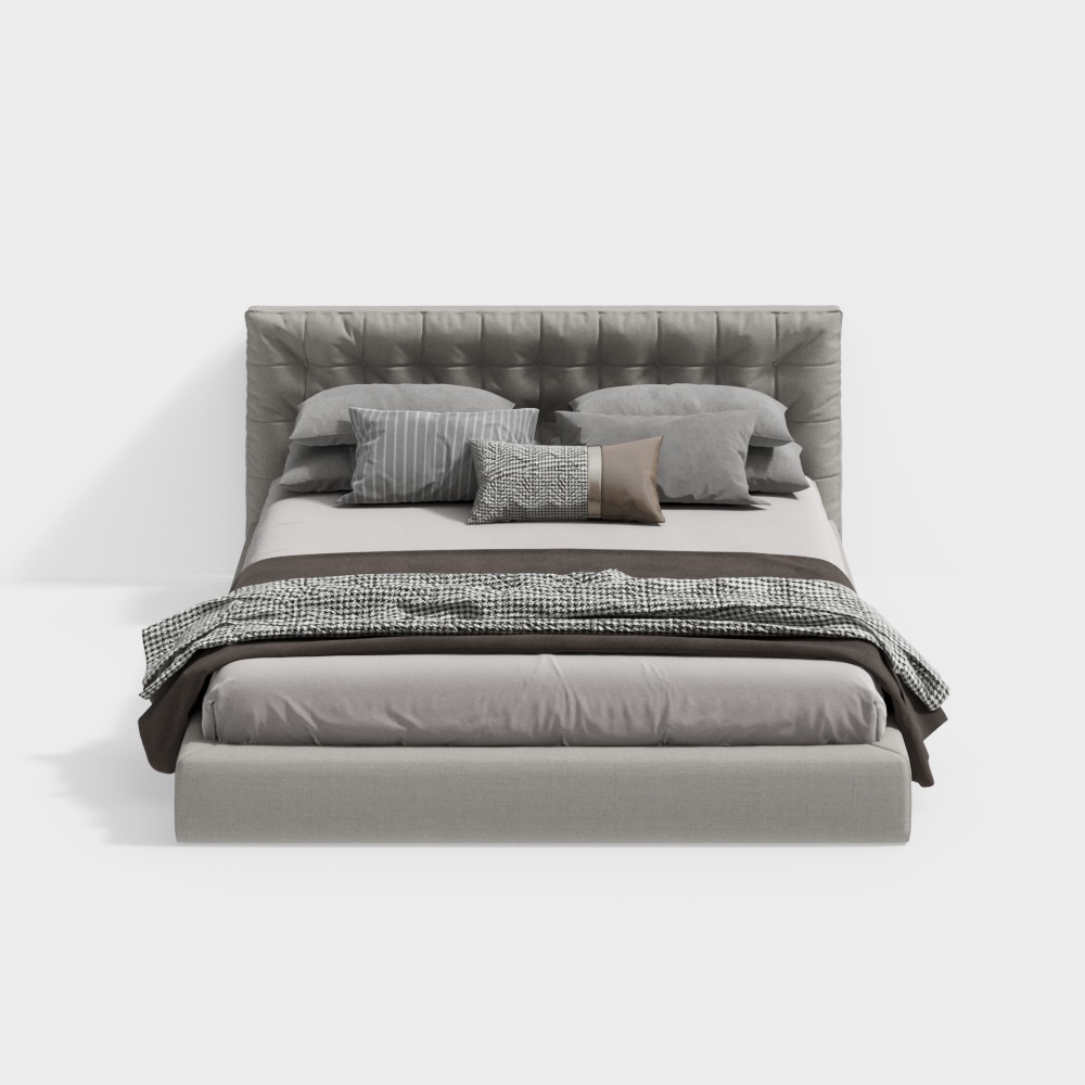 现代卧室白色布艺双人床3D模型