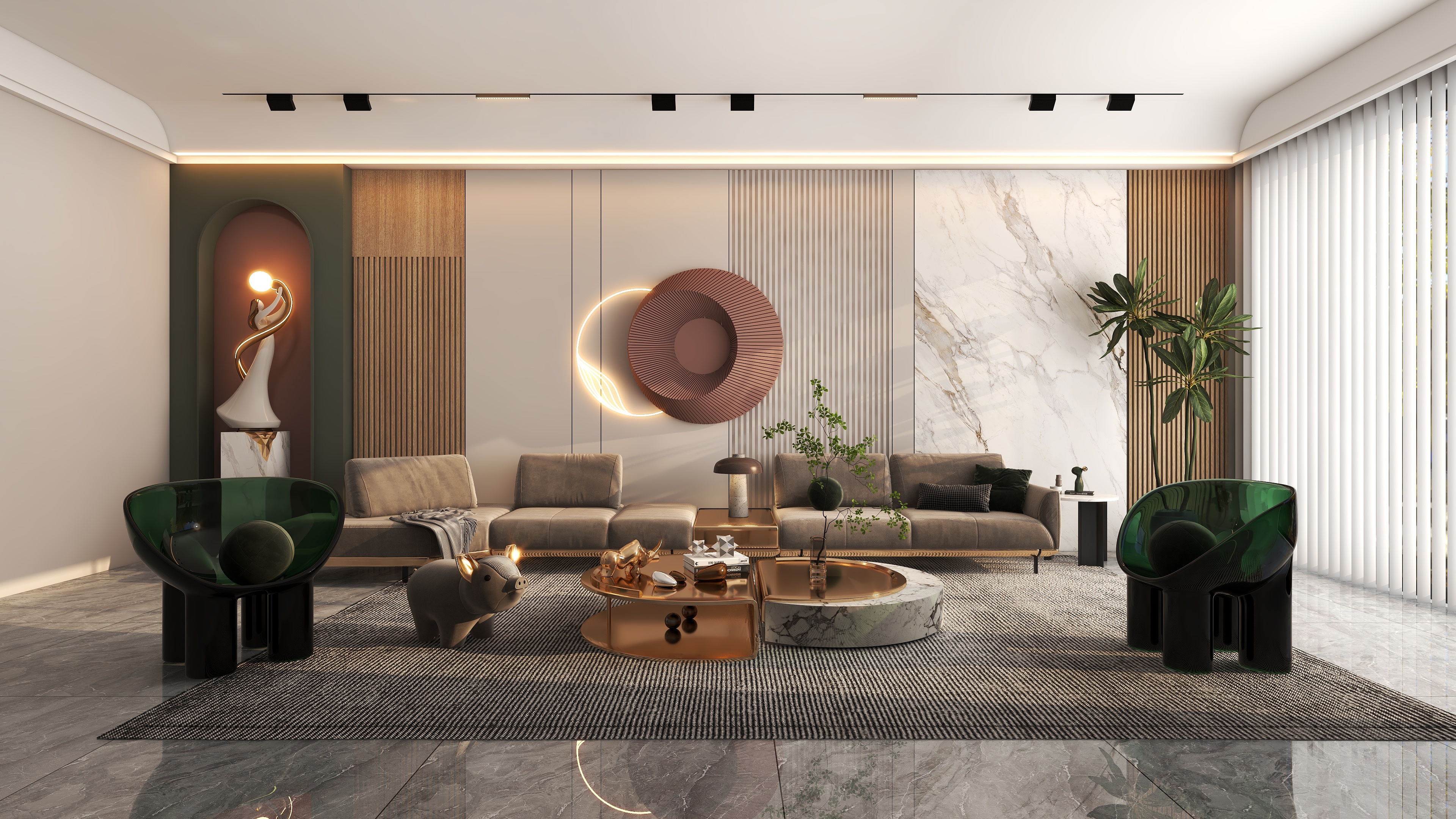 西舞全屋定制-【秋冬流行色】复古绿撞色现代客厅-装修设计方案