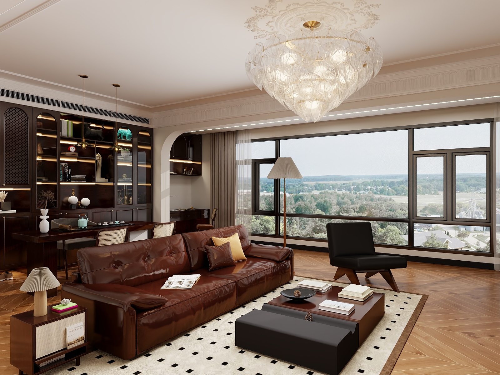 720全景效果图库-145.00㎡中古风格3房-装修设计方案